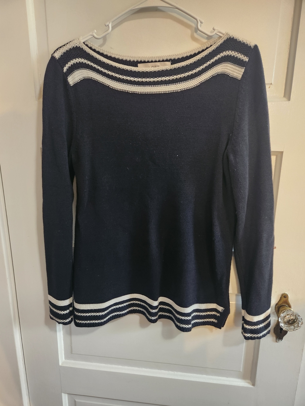 LOFT Navy Sweater with White Stripe Trim